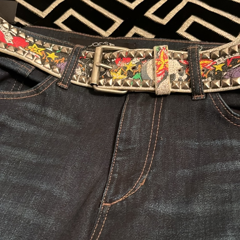 Vintage Belt by “RED” Black Leather Studded Belt with Graphics